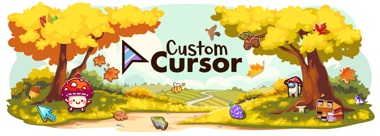 Autumn custom cursors banner with cute mushroom cursor, fall leaves, Minecraft fox cursor, and Among Us cursor