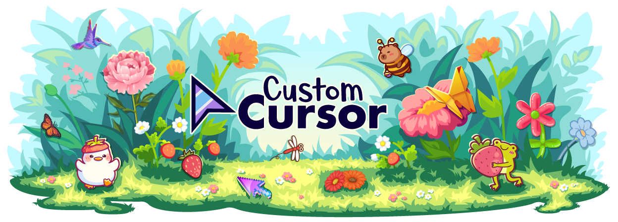 Summer custom cursors banner with cute cottagecore animals, flowers, and strawberries