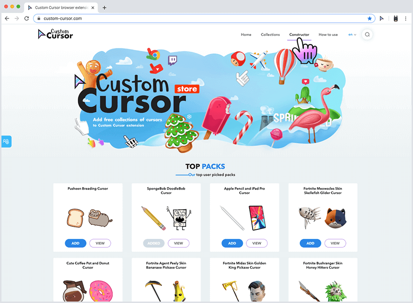 Открытие конструктора Custom Cursor