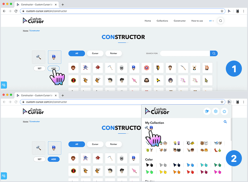 Agregar paquetes de cursor personalizados con el constructor