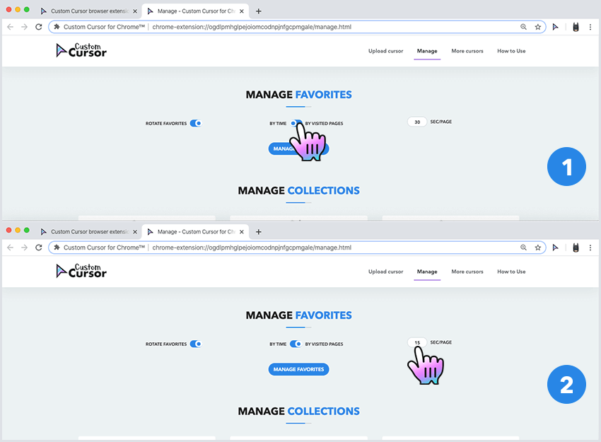 Configuration de l'événement pour faire pivoter les curseurs favoris